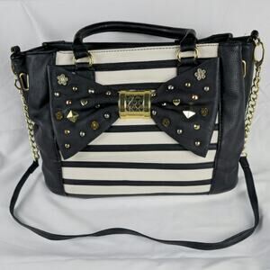 NWT Betsy Johnson Black and White Striped Leather Clutch Black Studded Bow.